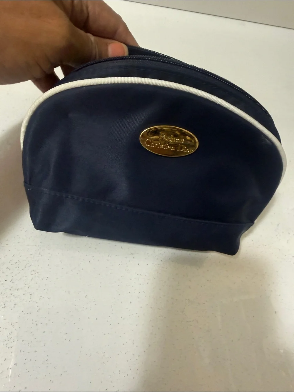 Dior Navy and White Travel Pouch with Gold Logo
